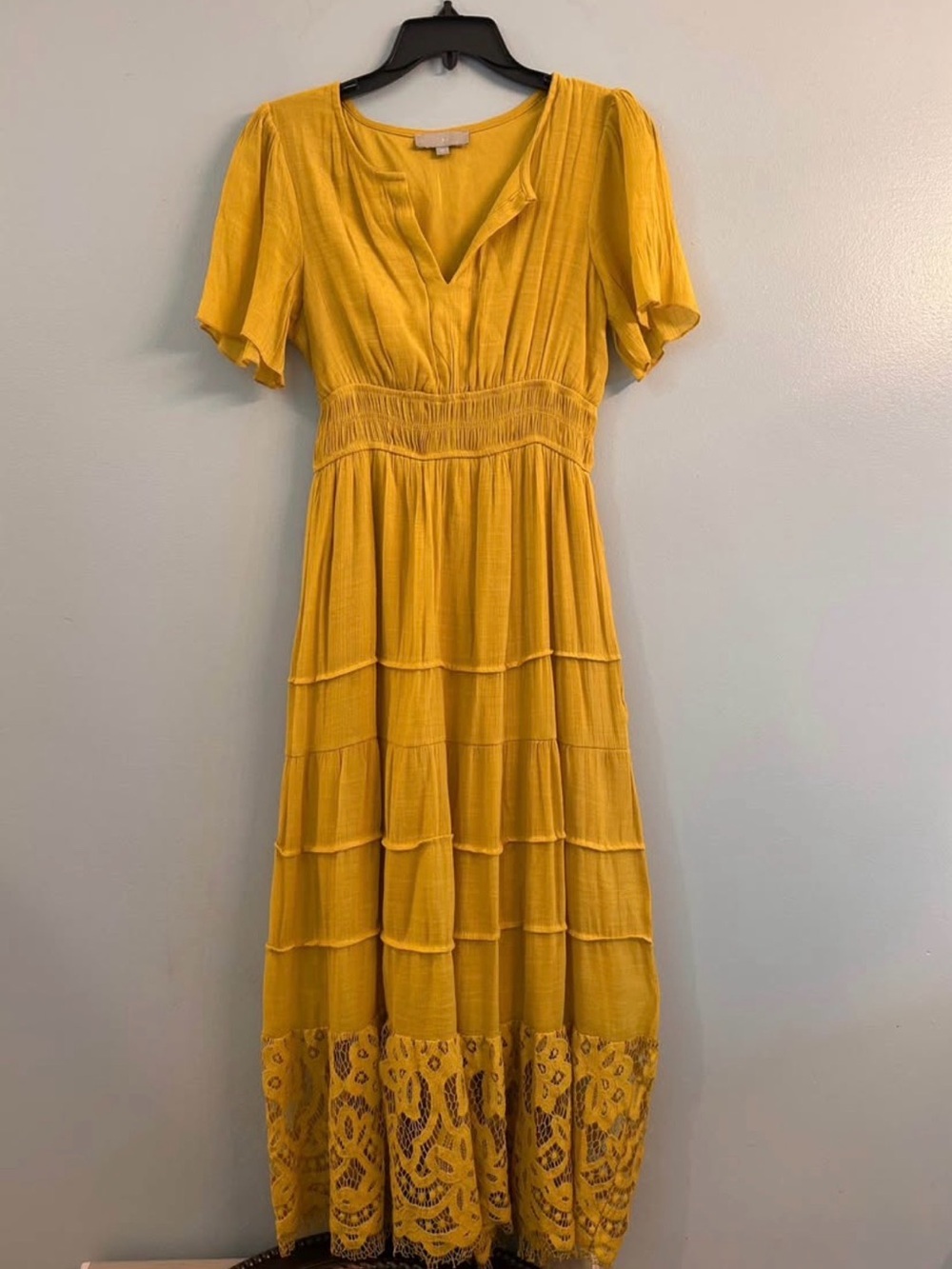J. Crew Sunflower Yellow Tiered Maxi Dress with Lace Border